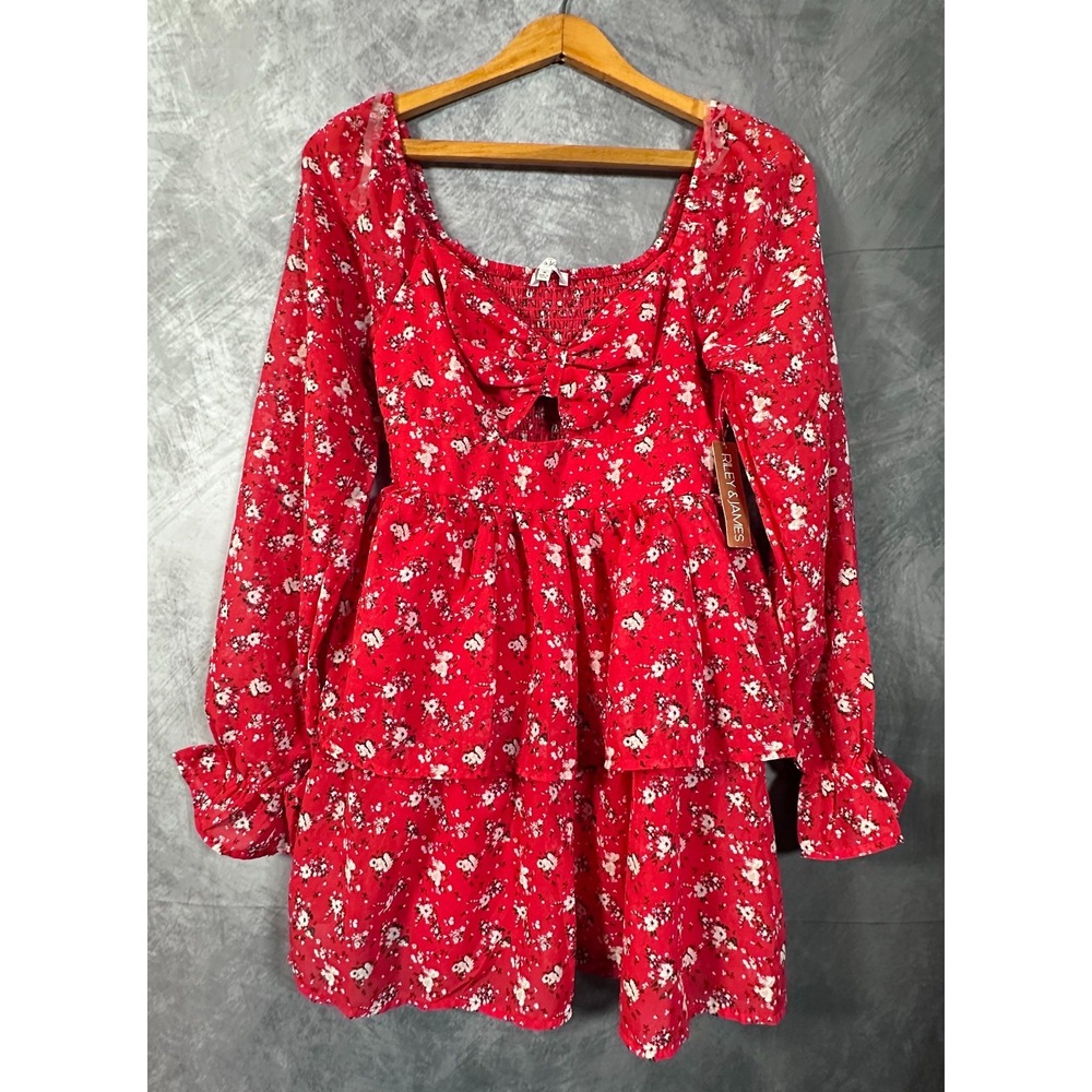 Riley & James Mini Dress Womens M Red Floral Smocked Bodice Cutout Bow Detail